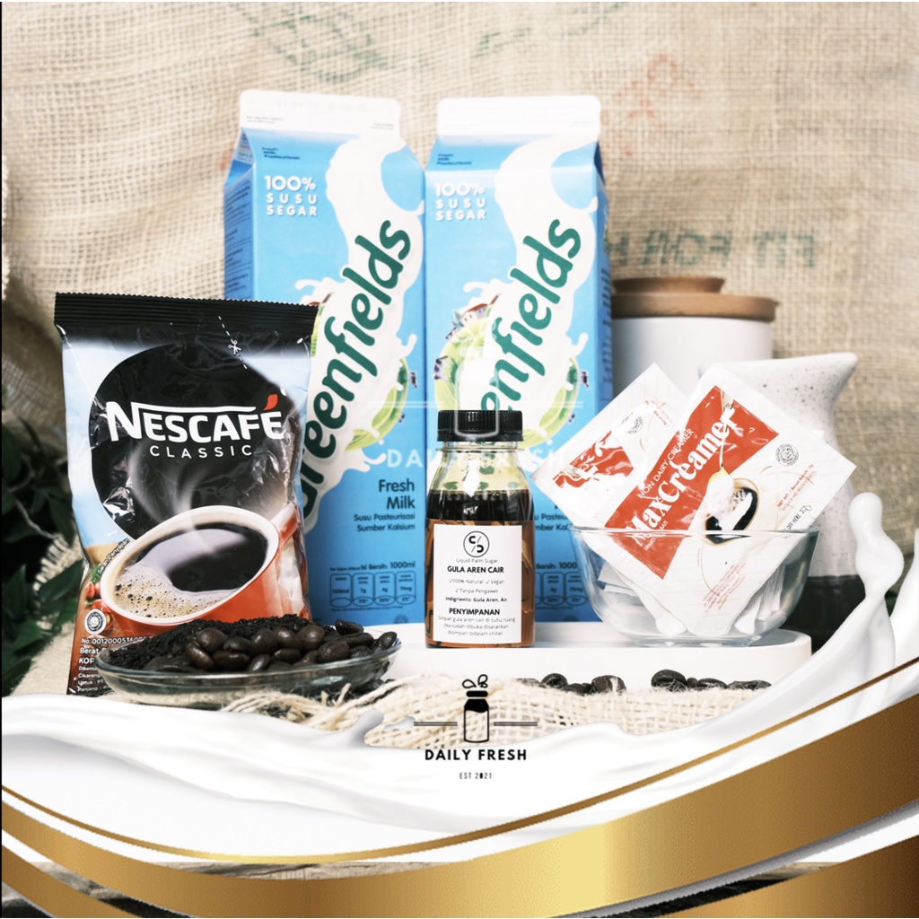 PAKET ES KOPI SUSU RUMAHAN NESCAFE MAX CREAMER GULA AREN GREENFIELDS FRESH MILK
