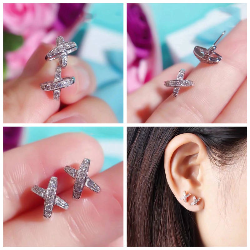 Anting Stud Bentuk X Silang Aksen Batu CZ Untuk Aksesoris Wanita