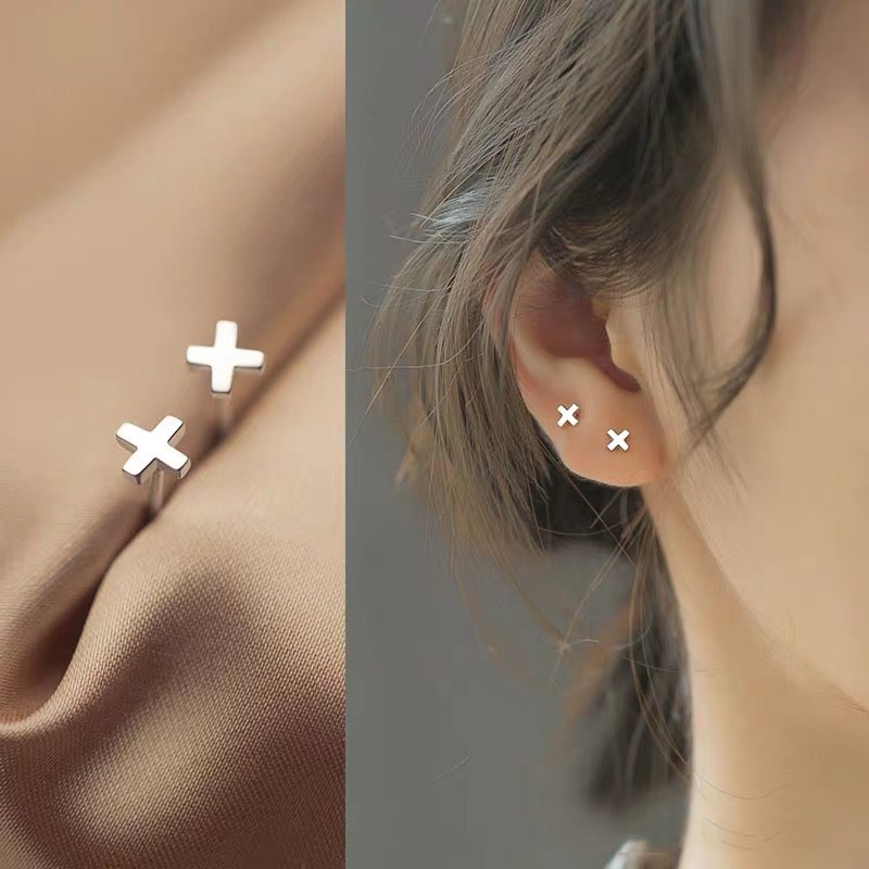 Roselife [1 Pair] S925 Silver Hypoallergenic ➕ Plus Cross Small Stud Earrings