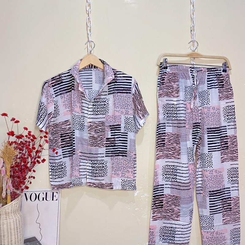 SETELAN LENGAN PENDEK PIYAMA BAJU TIDUR WANITA CEWEK BUSUI ONE SET RAYON MOTIF-KCPJ Leo Pink