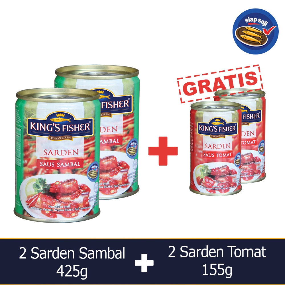 

Kings Fisher Paket 4 pcs Sarden saus sambal Tomat 425g 155g Makanan Kaleng