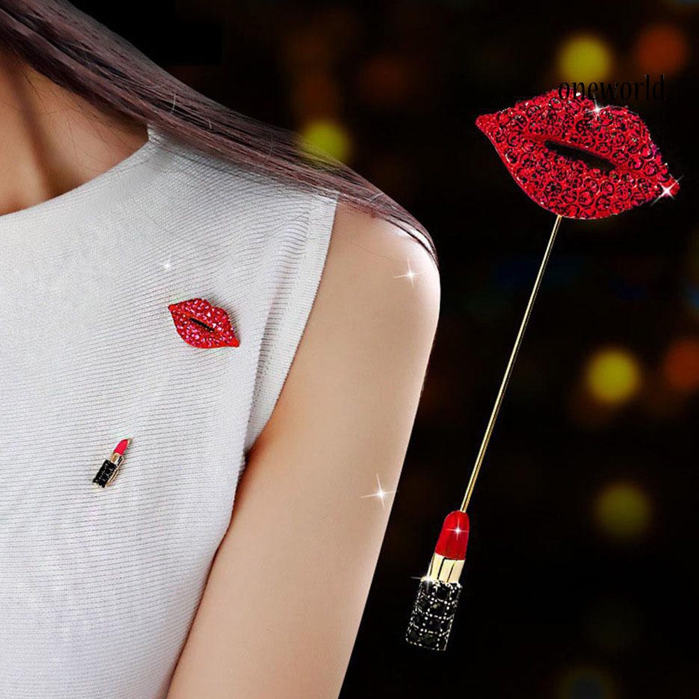 OW@ Red Lips Lipstick Rhinestone Inlaid Brooch Pin Women Cardigan Shawl Breastpin