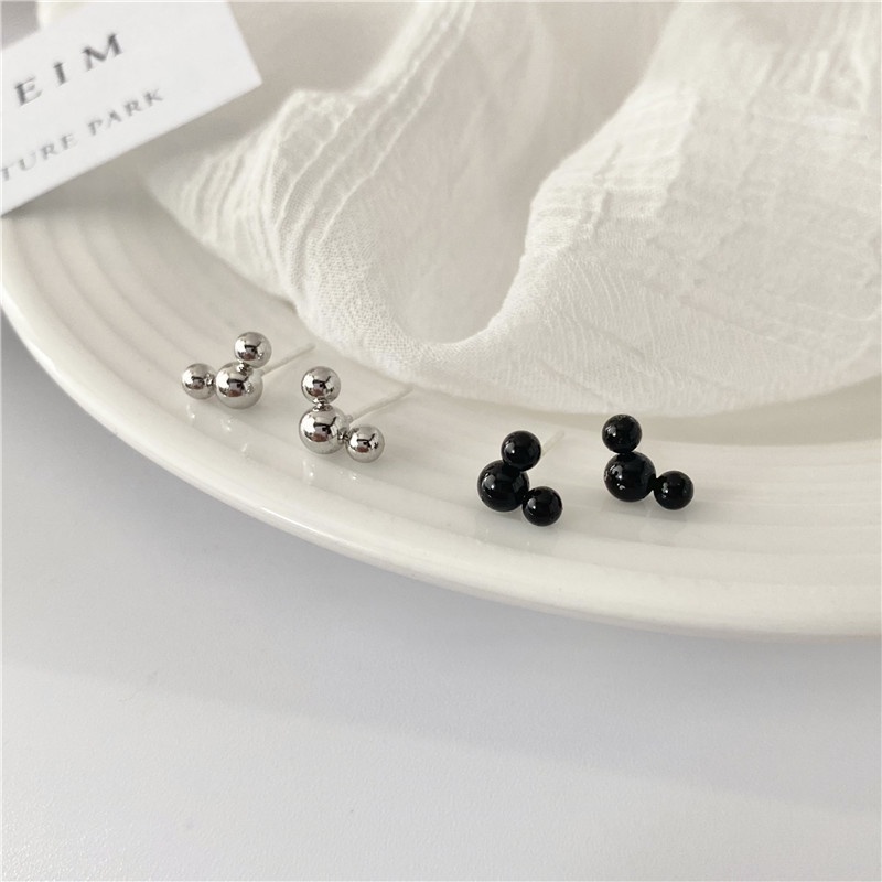 We Flower S925 Perak Lucu Hitam Manik-manik Mickey Stud Anting-Anting untuk Wanita Gadis Korea Kartun Mouse Anting-Anting Fashion Perhiasan Telinga