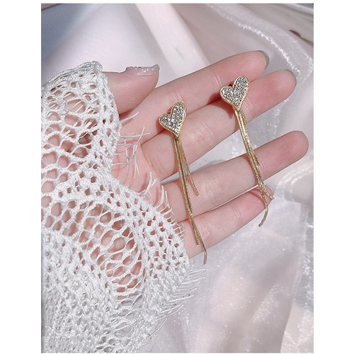 LRC Anting Tusuk Fashion Golden Heart Diamond Tassel Alloy Earrings K84763