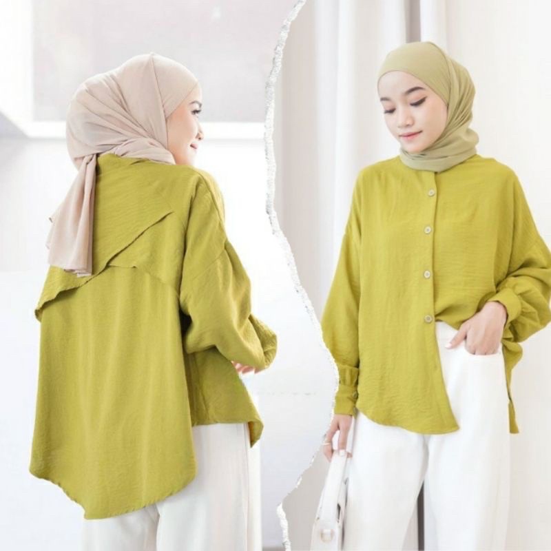 Luna Blouse Kemeja Cringkle Baju Atasan Wanita Oversize Lengan Balon Ruffle Belakang