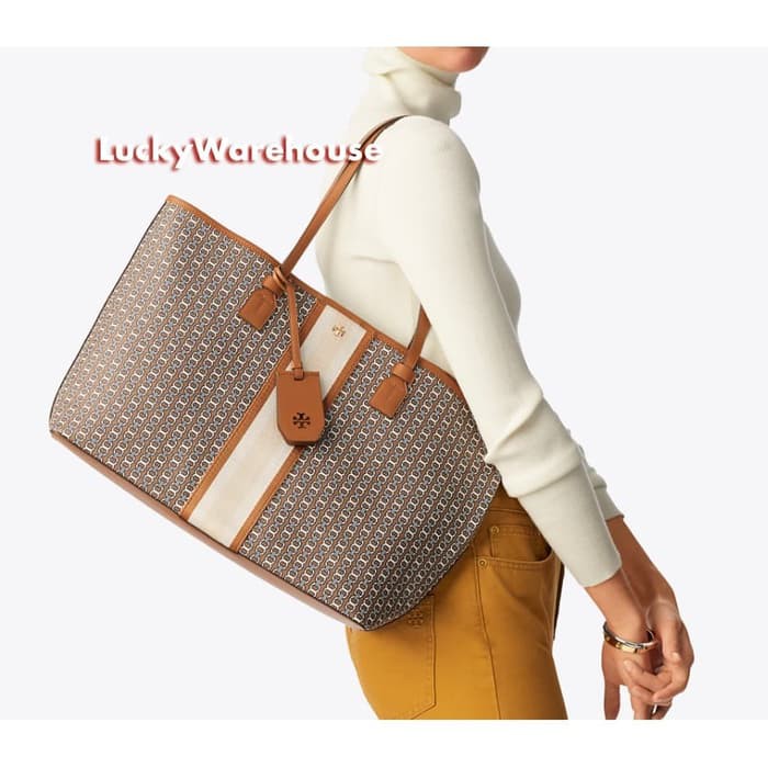 Tory Burch Gemini Link Canvas Tote - Original 100% - Cokelat