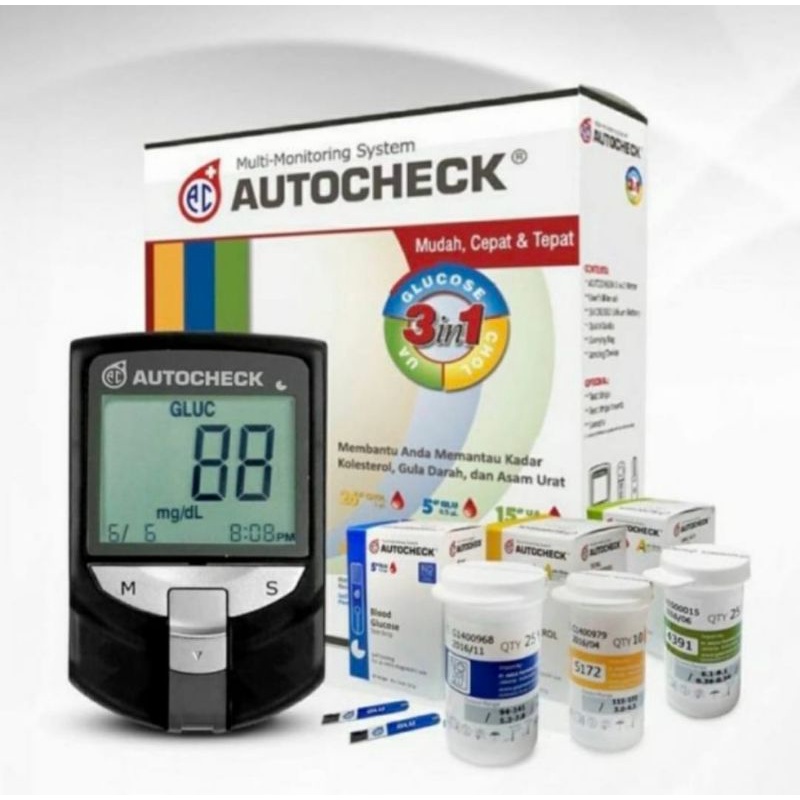 Cek Gula Darah Original GCU Autocheck 3in1 Multhicek / Gula Darah , Asam Urat , Kolestrol