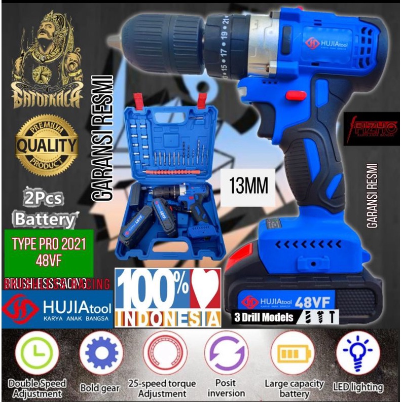 Mesin bor baterai hujia type AR pro 2021 48vf brushless cordless tanpa kabel fast charging impact dr