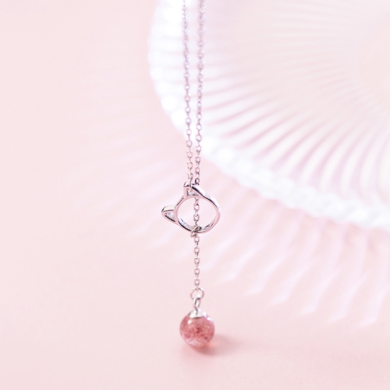 Kalung Liontin Necklace Cute Hollow Cat Pink Crystal Bead Choker Neclaces Women Girls Jewelry