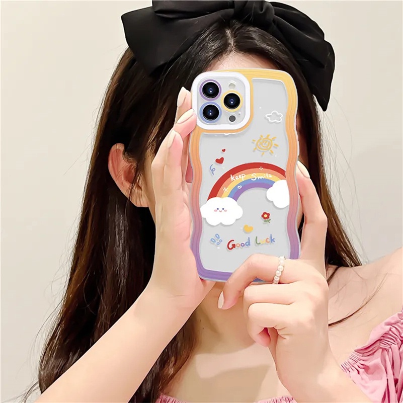 Soft Case TPU Transparan Pinggiran Gelombang Pelangi Cover iPhone 14 13 12 11 Pro Max X Xr Xs Max 8 7 6 6s Plus