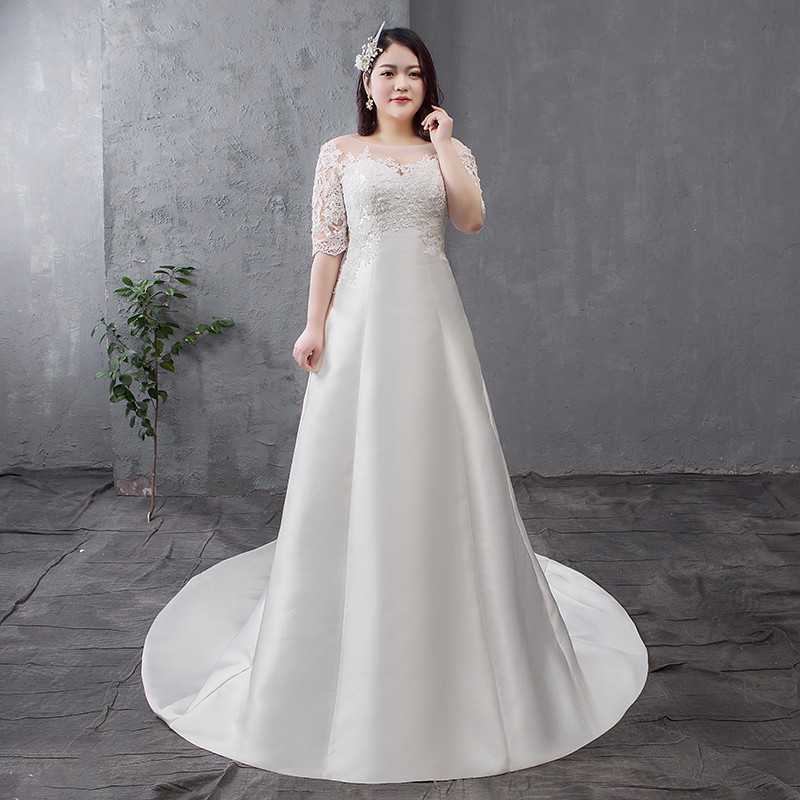 Gaun Pengantin 1908001 Big Size Putih Lengan Siku Ekor Wedding Dress Gown