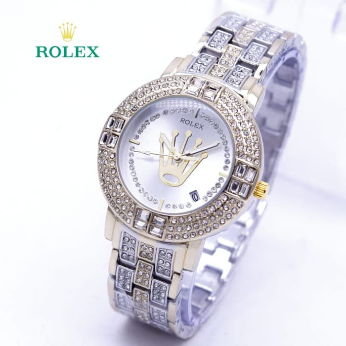 Jam Tangan Wanita / Cewek Rolex Donut Logo Rantai Kombi Gold White Army