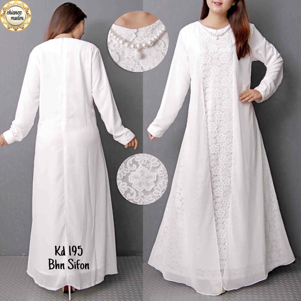 CHIANOZ Gamis Putih Mewah Diana Dress Brukat Renda Baju Lebaran Umroh Haji Manasik Pesta Akad 195