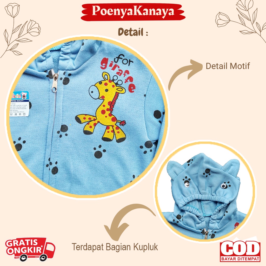 Jaket Bayi Anak fleece Resleting Kupluk FOR GIRAFFE Size 6-18 Bulan HBc JK04