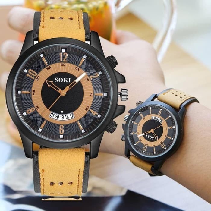 Jam Tangan Pria SOKI S014 Strap Kulit Arloji Analog Sports Olahraga