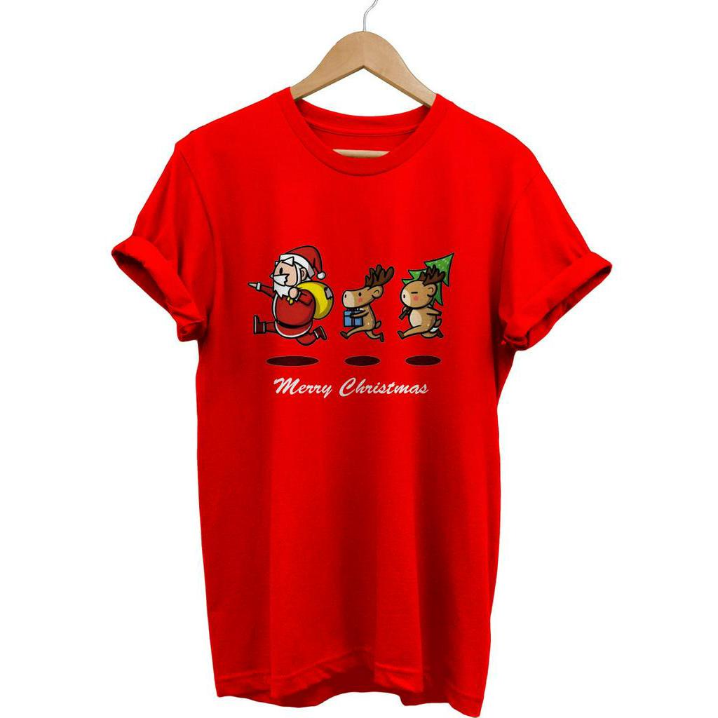 KAOS TSHIRT NATAL CHRISTMAS WALKING SANTA AND DEER COMBED 30S KATUN BAJU NATAL