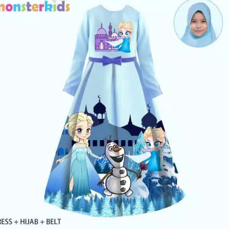 Dress Gamis Panjang Anak Character Monster Kids 3in1 Free Hijab MK