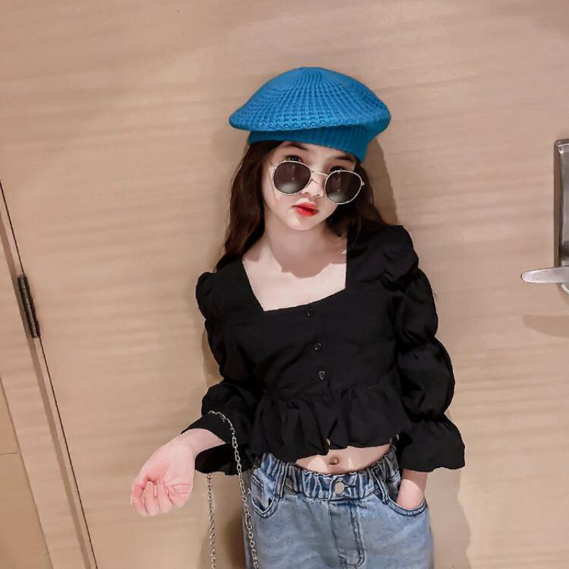 SSP24-Setelan Set Anak Remaja Besar Tanggung Perempuan Puffy Blouse + Jeans Straight Cut