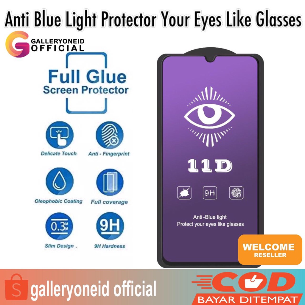 Tempered Glass 11D Anti Blue Light Radiasi Samsung A21s A21 A11 A9 2018 A01/A40 A80/A90 Note 10 Lite Full Cover Glue