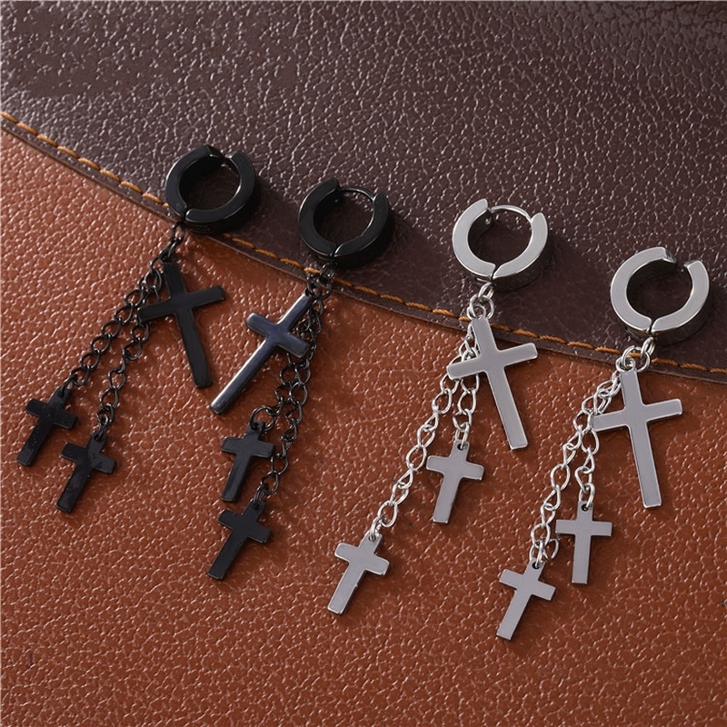 1 Pc Anting Stud Rantai Rumbai Liontin Salib Gaya Punk Elegan Untuk Wanita