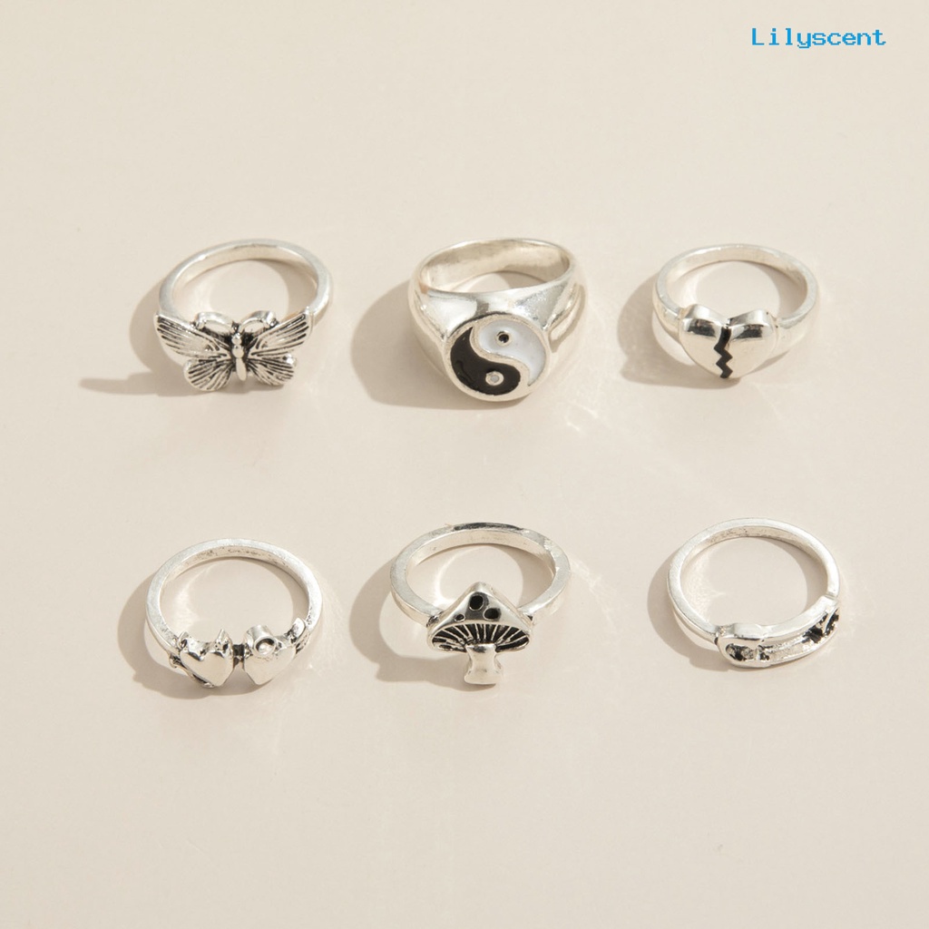 6pcs / Set Cincin Desain Butterfly Bahan Alloy Gaya Retro Stackable Untuk Aksesoris Perhiasan