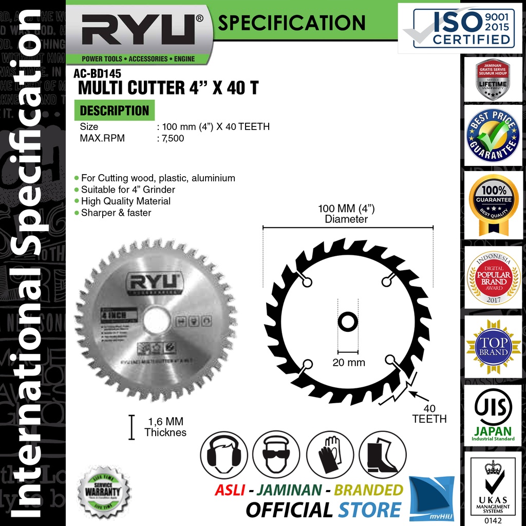 Mata Pisau Sirkuler 4&quot; inch 40T Mesin Gergaji Alumunium Gurinda Tangan Multi Circular Saw Blade RYU