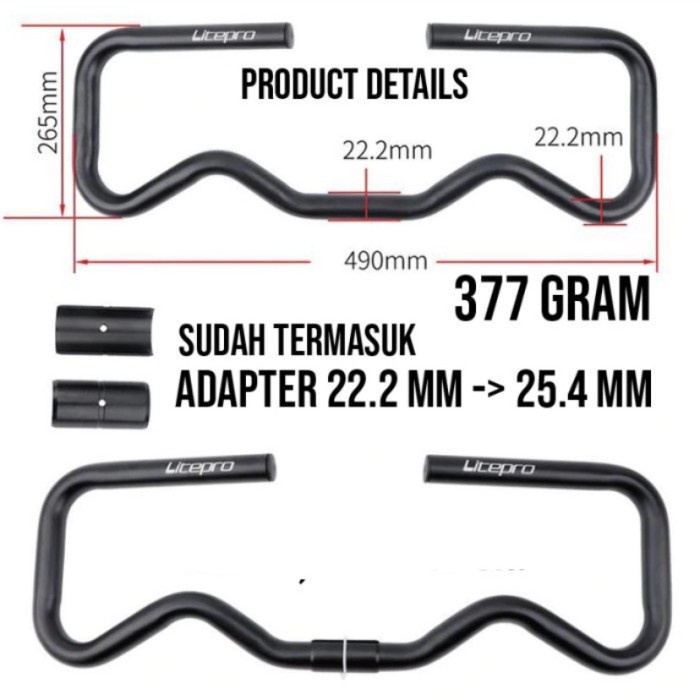 Handlebar Litepro for 25,4x490 mm butterfly bar 22,2 mm alloy