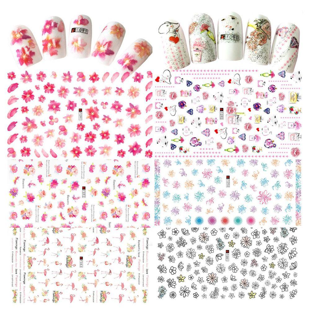 AUGUSTINA Agustinina Stiker Kuku Bunga Lucu Tahan Air 1lembar Wanita Flamingo Perekat Diri Manicure Aksesoris Valentine Rose Nail Art Dekorasi