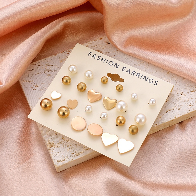 12 Pasang / Set Anting Stud Zircon Kristal Mutiara Bentuk Hati Warna Emas Untuk Wanita