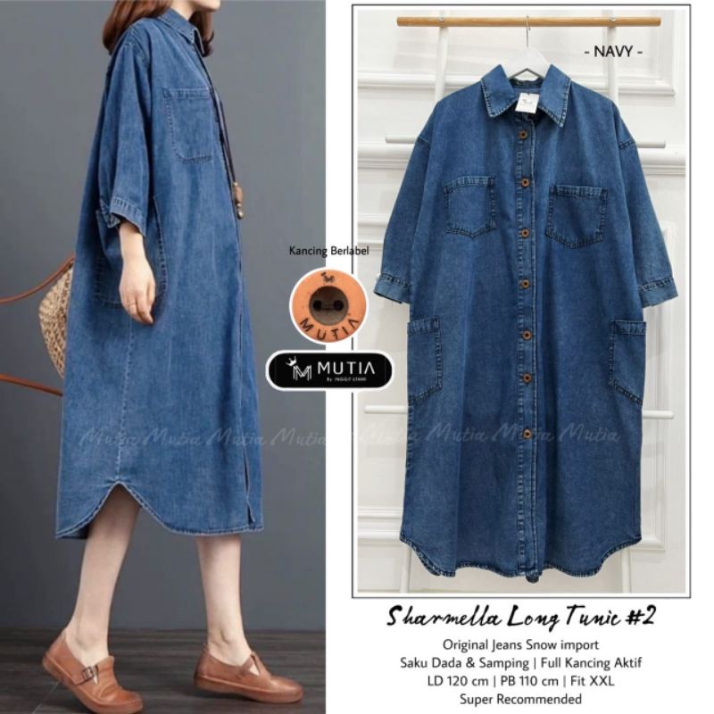 SHARMELLA LONG TUNIC #2 BY MUTIA / TUNIK JEANS MUSLIMAH / Tunik wanita bahan jeans