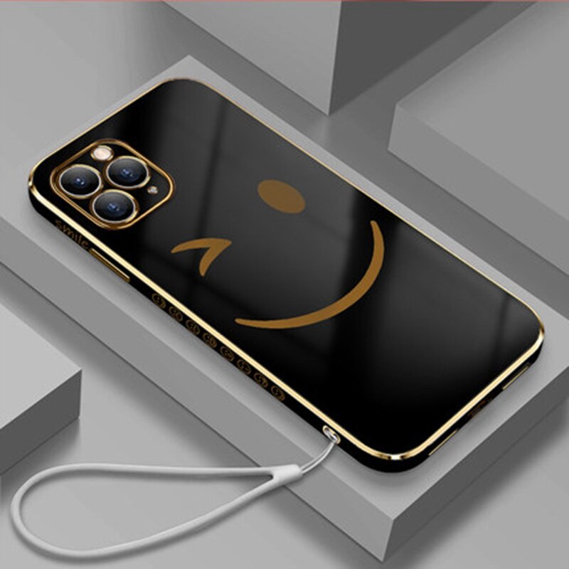 Soft Case Pelindung Motif Wajah Tersenyum Dengan Tali Tangan Electroplating Untuk Iphone 13 12 11 Pro Max X Xs 7 8 Plus Xr
