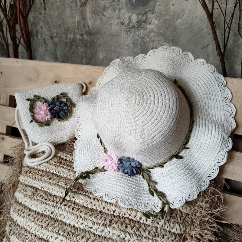 RATTAN HAT & BAG - Topi Tas Pantai Rotan Anyaman Jerami Anak Kids Import Perempuan Cewek Lucu Murah