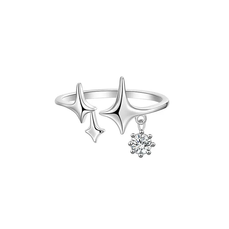 Cincin Silver Bentuk Bintang Empat Sudut Aksen Kristal Untuk Wanita