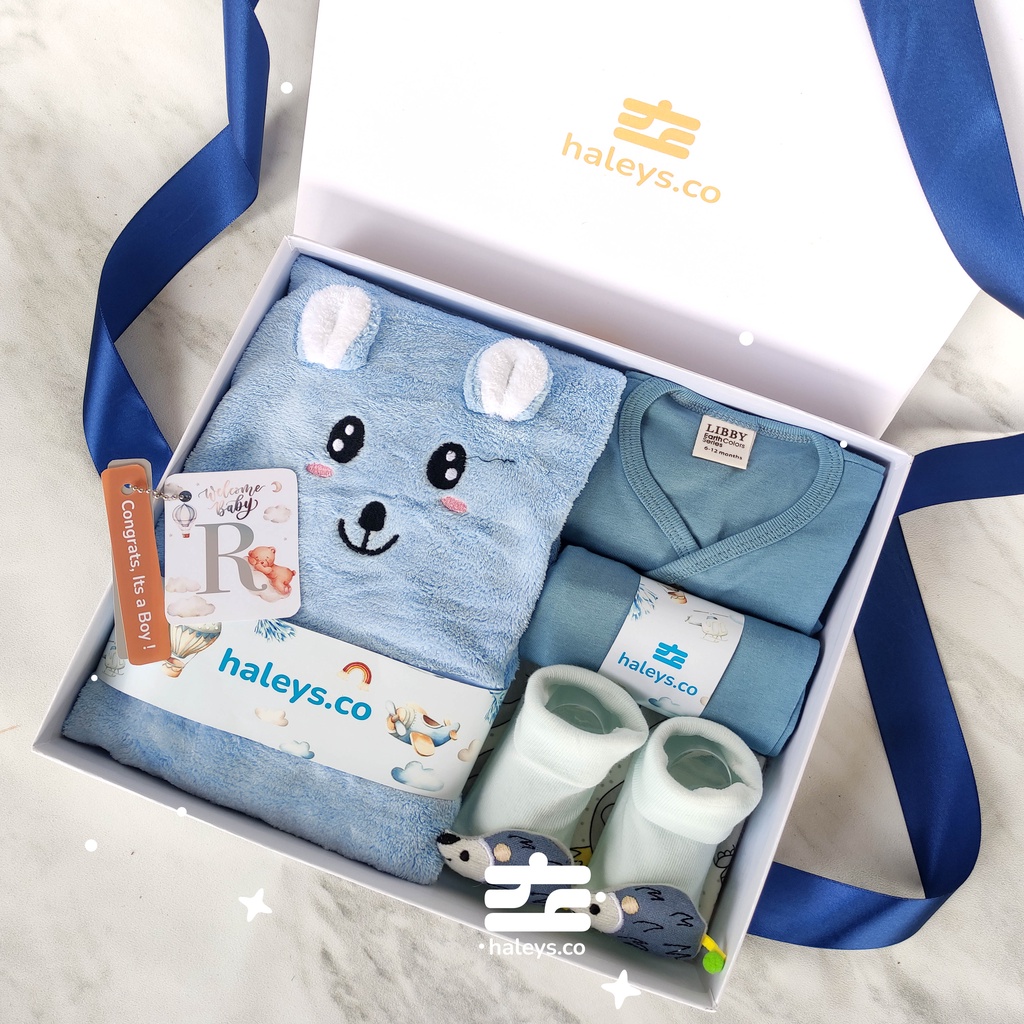 Haleys.co | Kado Bayi Laki Laki Blue Aqua Lagoon Sea / Boys/Girl Baby Hampers 0-12 months/ Hampers bayi newborn/ Kado bayi/ Babyboy Gift / Kado Lahiran / Giftbox / Kado Bayi Perempuan / Girl Hampers baby / Kado bayi laki laki / Haleys.co