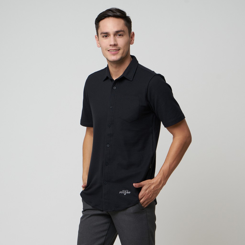 Kemeja pria Cotton Pique Black premium casual Formal