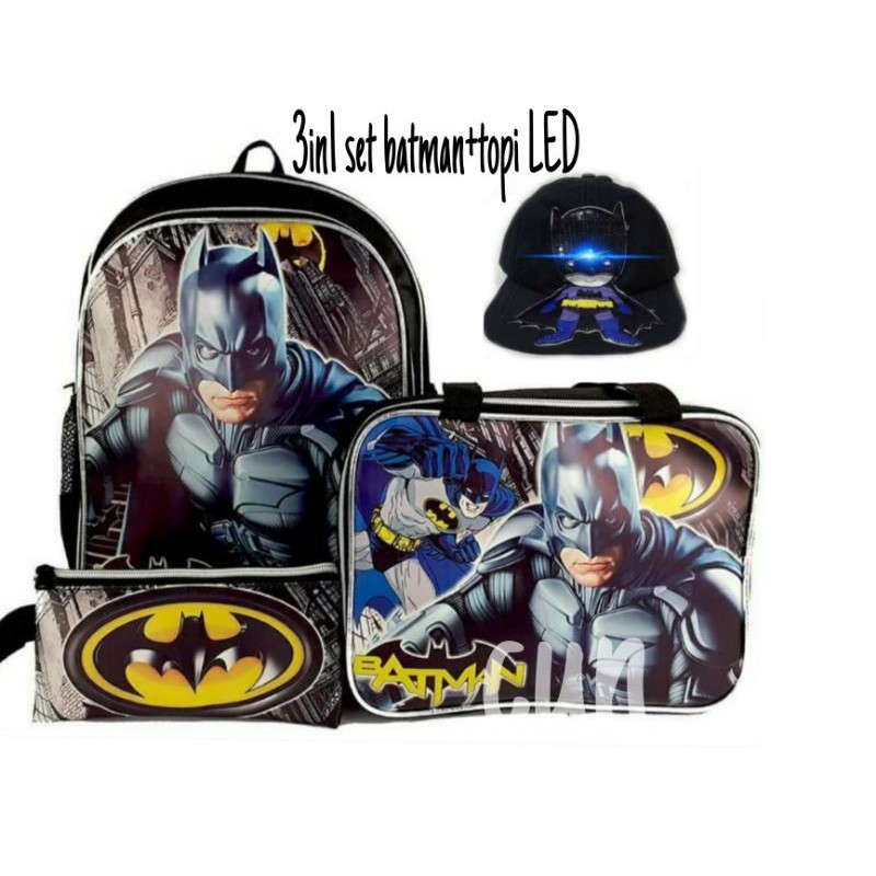 4in1 set tas sekolah anak laki laki tas superhero+topi led