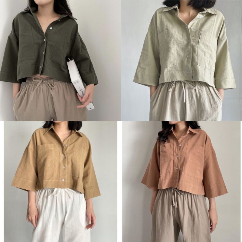 Baju Kemeja Kameja Pakaian Kerah Kantong Dua Kuliah Kasual Santai Keren Crop Top Besar Kancing Depan