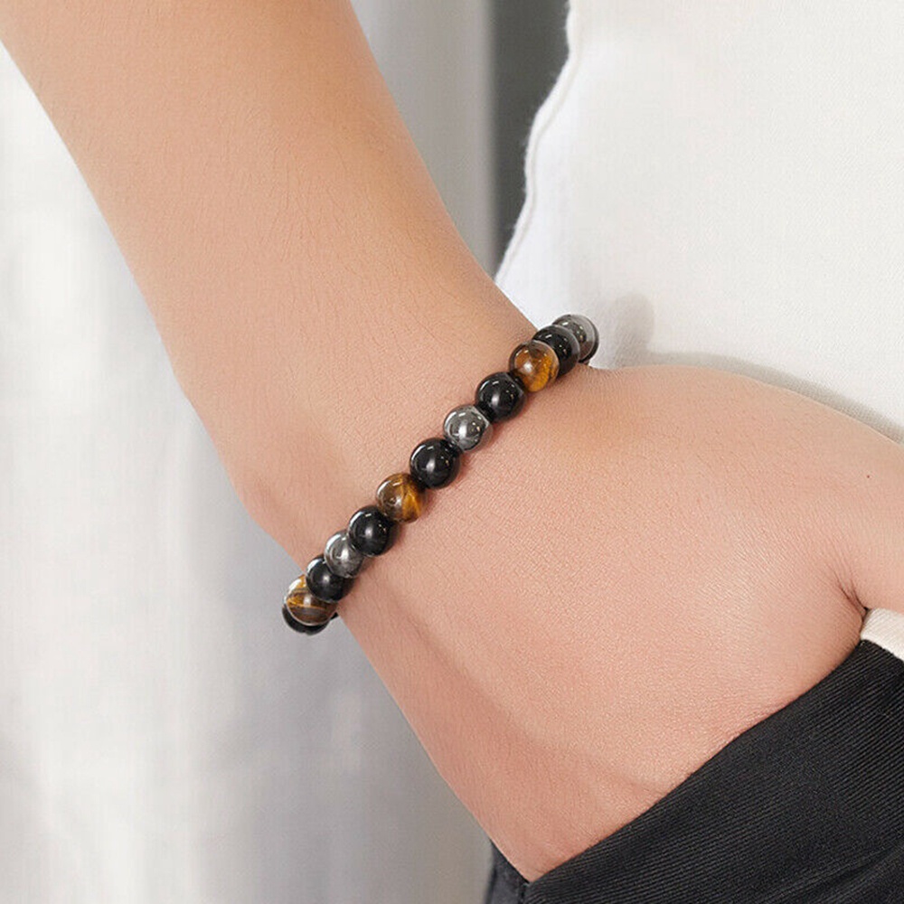 1pc Gelang Tangan Pasangan Manik Batu Hitam 8mm Gaya Vintage Untuk Priawanita