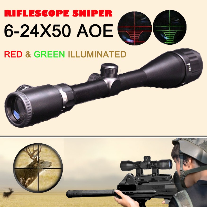Teropong Berburu Hunting 6-24x50 AOE Rifle Scope Red and Green Illuminated Sniper