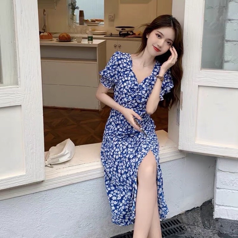 H7 D12 Korean vintage dress / midi dress blue floral