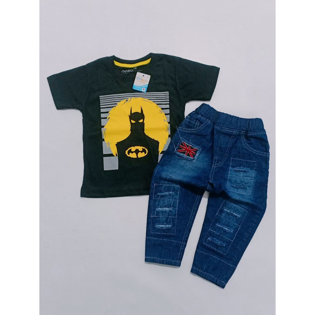 BAJU STELAN ANAK LAKI LAKI KAOS DISTRO DAN CELANA RIPPED BENDERA PPREMIUM OSHBOSS 1-BATMAN HITAM