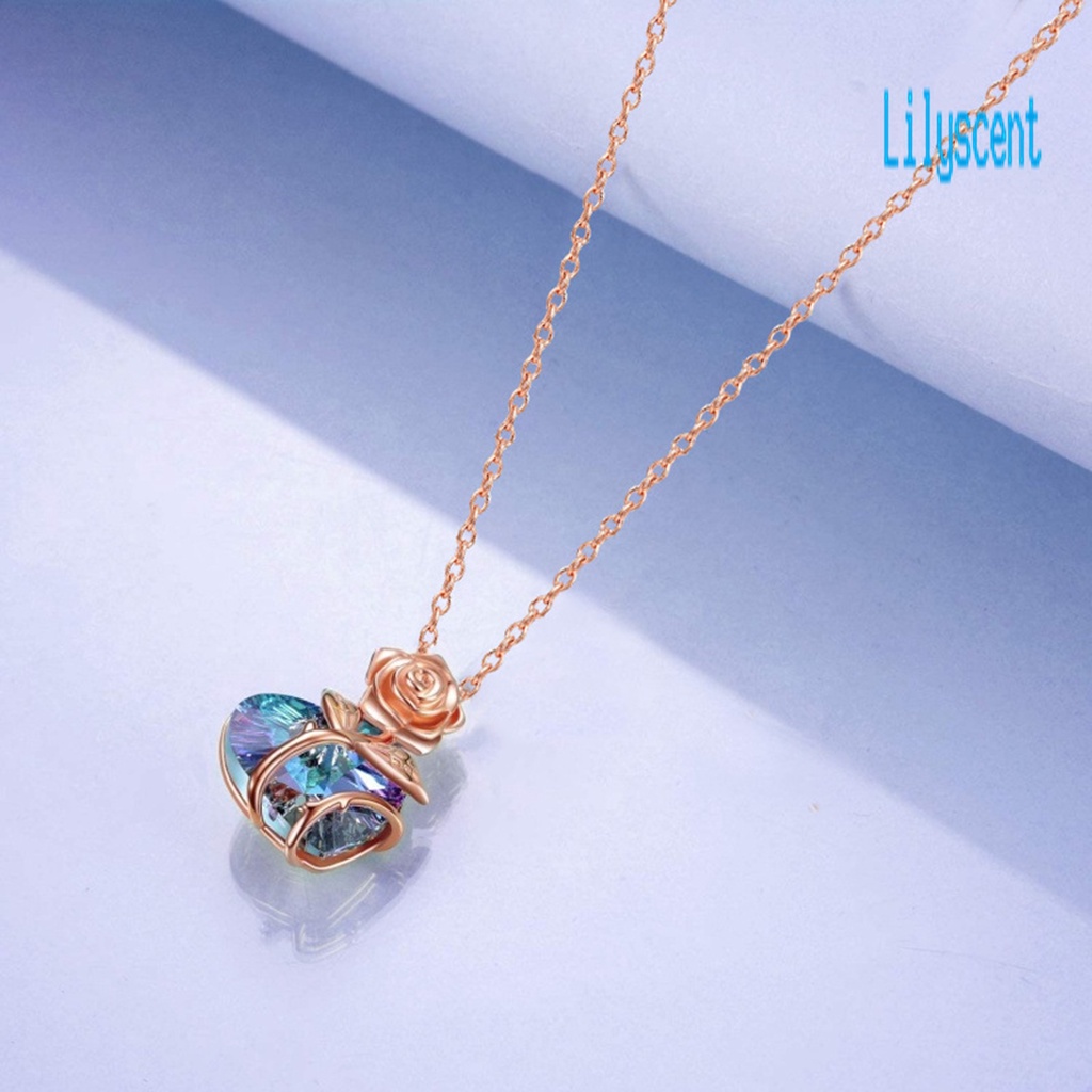 Kalung Klavikula Desain Hati Aksen Kristal Imitasi Warna Rose Gold Untuk Wanita