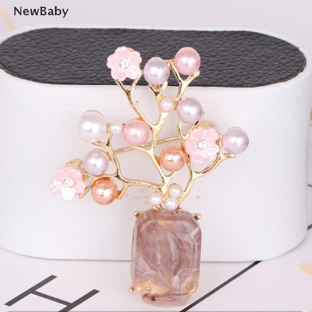 Newbaby 1pc Bros Pin Metal Bunga Plum Pink Hias Mutiara Untuk Aksesoris Kerah Pakaian Wanita