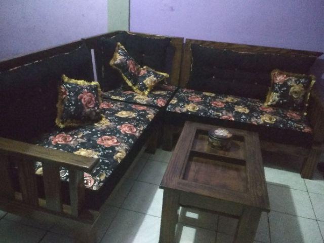 Sofa L Sudut Kayu Full Jok + Meja Kerang (rangka Kayu Jumbo)
