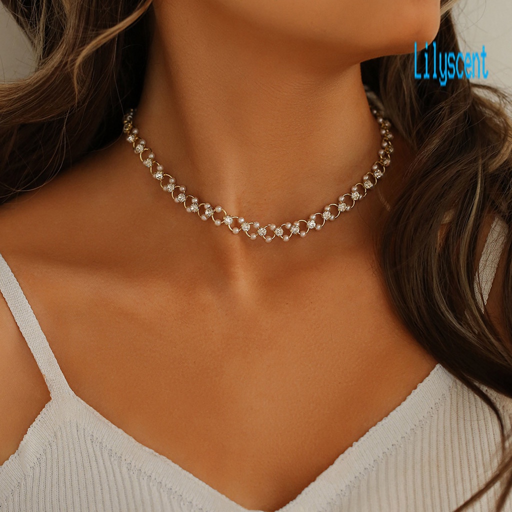 Lily Kalung Choker + Gelang Tangan Rantai Aksen Mutiara Imitasi + Cubic Zirconia Untuk Perhiasan Wanita