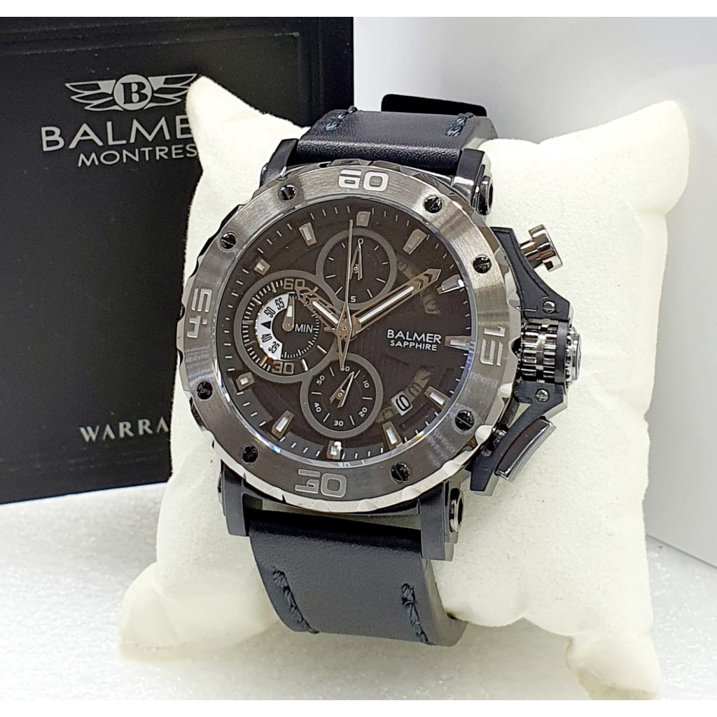 Jam Tangan Pria Original Balmer 7975 Chronograph Strap Kulit Kaca Sapphire Fashion Bisnis