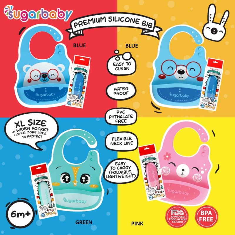 Sugar Baby Premium Silicone Bib Bayi Size XL - Blue / Green / Pink