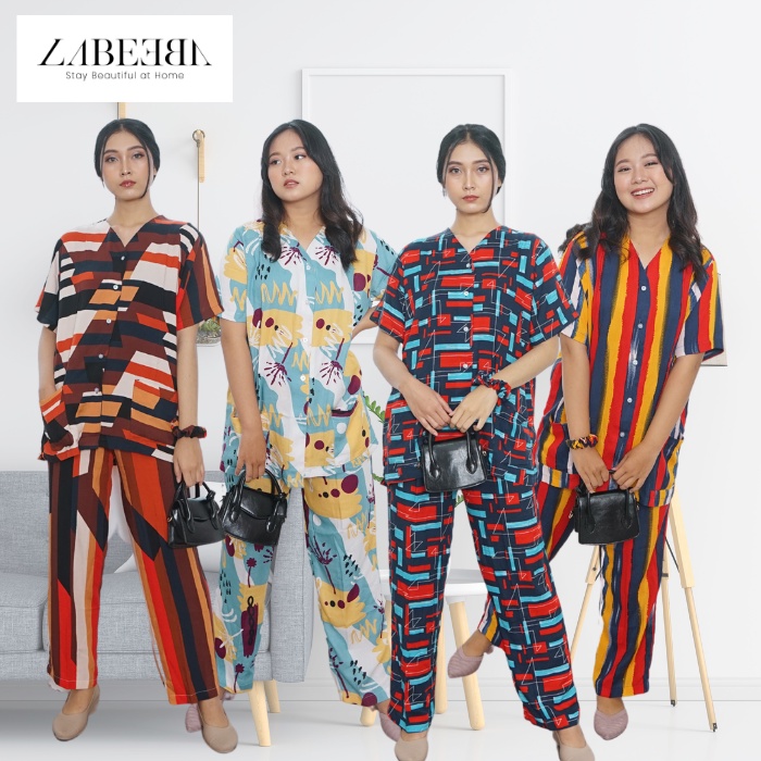 Labeeba Homewear - Baju Tidur Piyama Set Lengan Pendek Celana Panjang Piyama All Size Baju Tidur Wan
