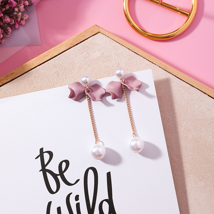 Anting Wanita Anting Bunga Dusty Pink Rumbai Mutiara Permata Aksesoris Fashion Earrings