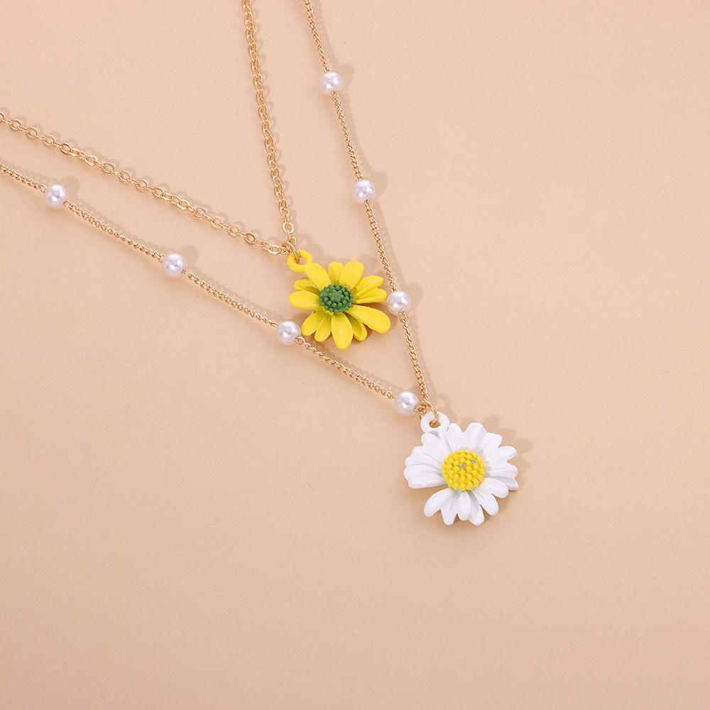 R-flower Daisy Flower Kalung Bohemian Kuning Kerah Putih Jewellery Double Layered